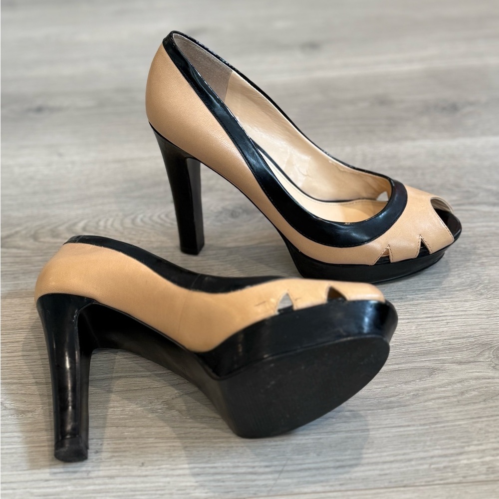 Elegant Black and Tan Peep-Toe Heels